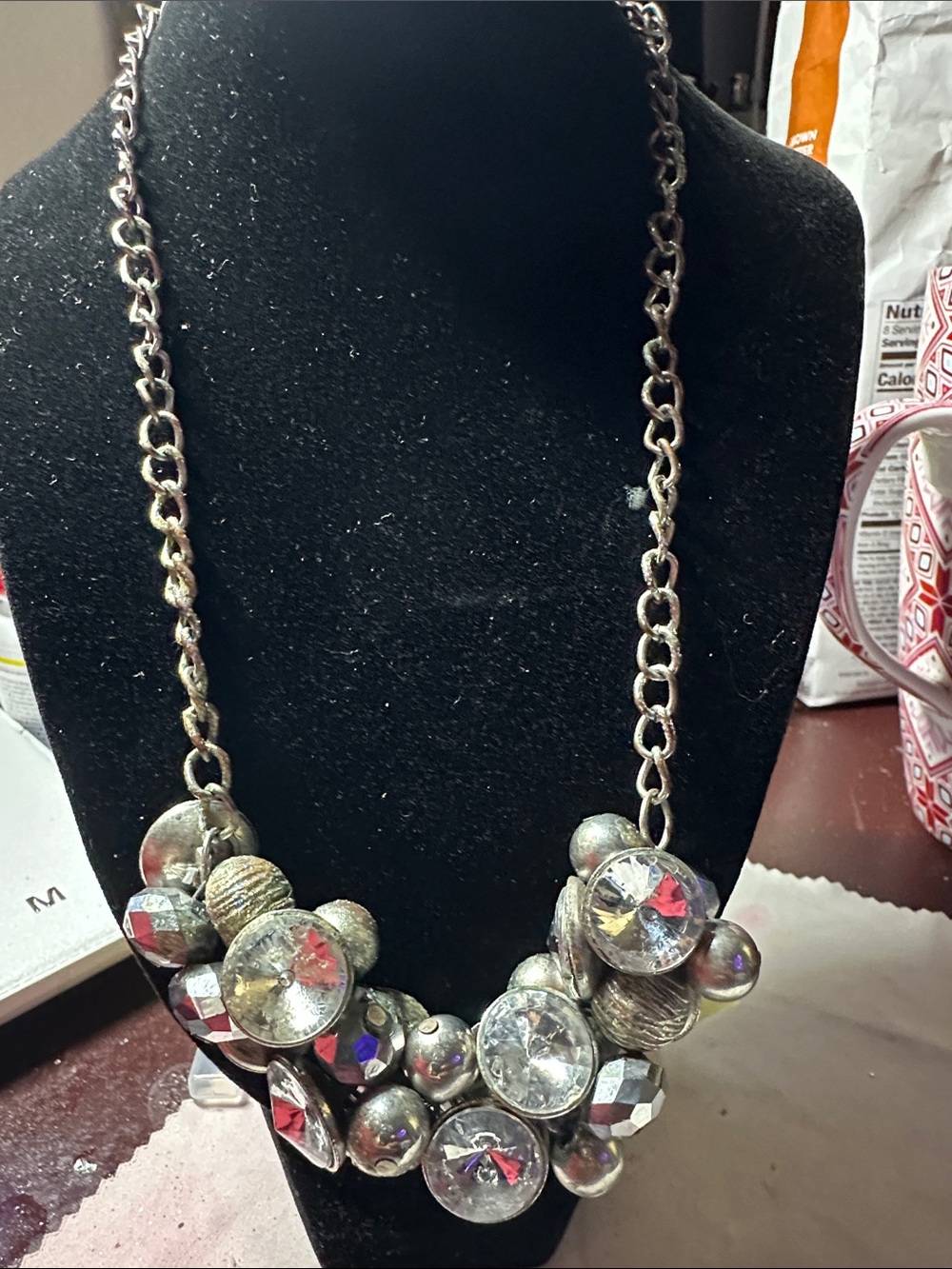 Vintage Silver-Tone Crystal Cluster Necklace -wear/tears